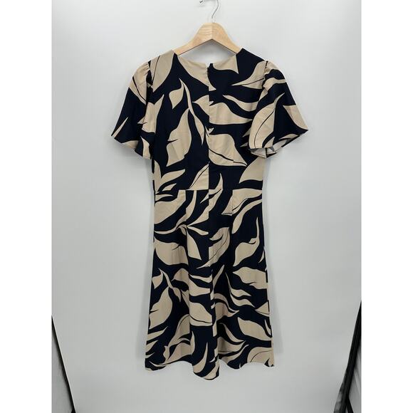 Ann Taylor Women Navy Blue Cream Leafed Midi Dress Size 2 Flare Office Career - Picture 2 of 7